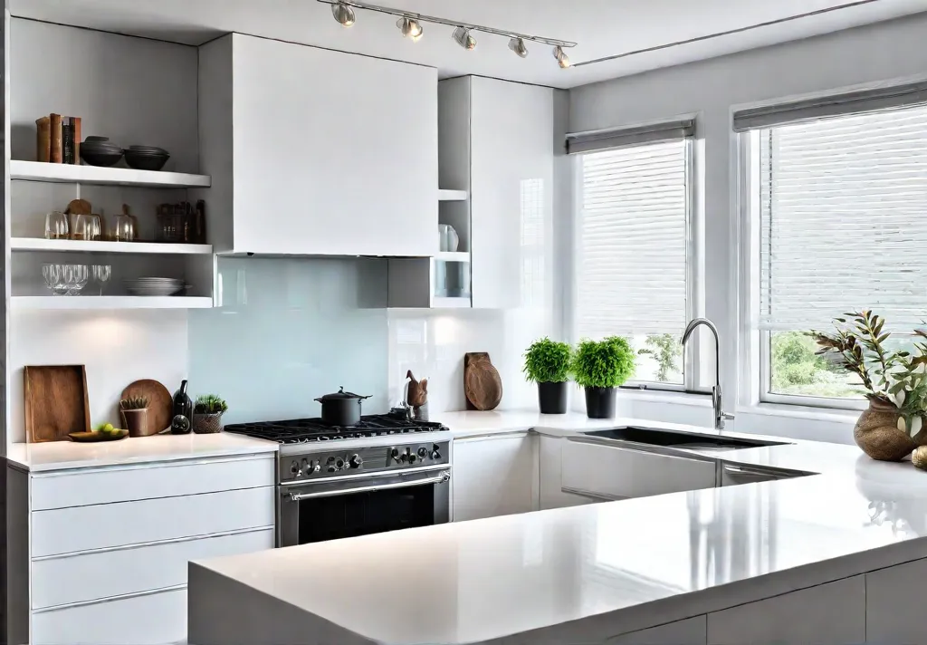 A small kitchen flooded with natural light featuring white cabinets with glassfeat