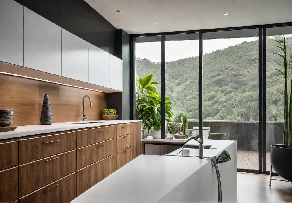 A spacious contemporary kitchen bathed in natural light from large windows showcasingfeat