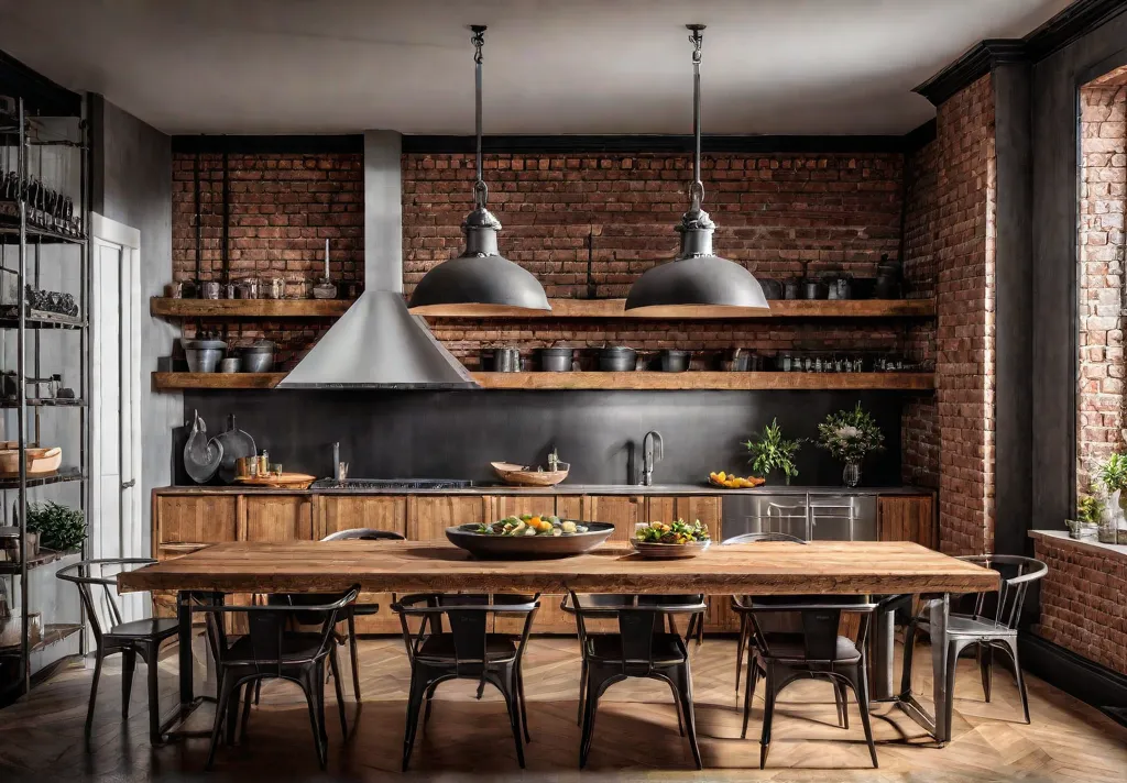 A spacious industrial chic kitchen featuring exposed brick walls metal accents openfeat
