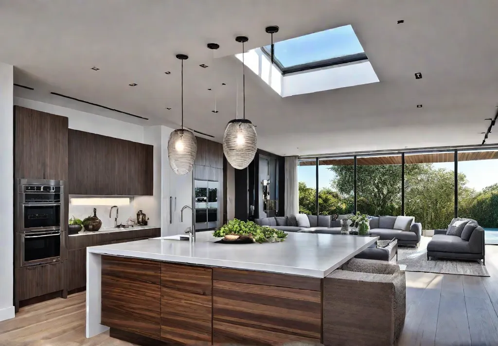 A spacious sunlit contemporary kitchen seamlessly transitions into a cozy living areafeat