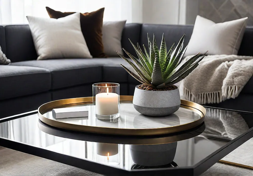 A stylishly arranged coffee table with a sleek tray holding a triofeat