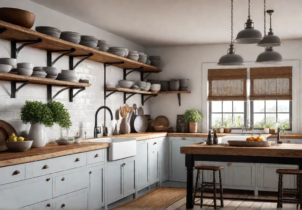A sundrenched farmhouse kitchen featuring a white porcelain farmhouse sink with anfeat