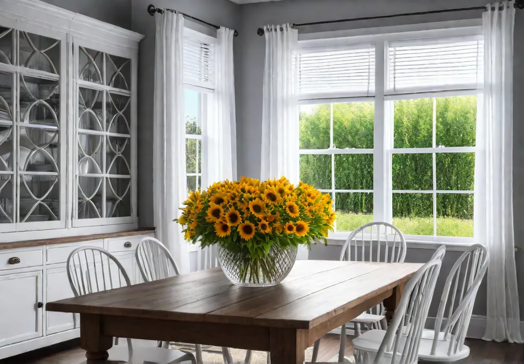 A sundrenched farmhouse style dining room with a long wooden table surroundedfeat