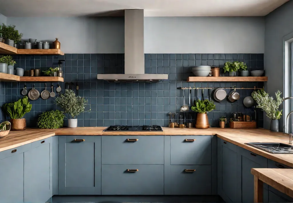 A sundrenched kitchen with Shaker cabinets painted in a muted bluegrey featuringfeat