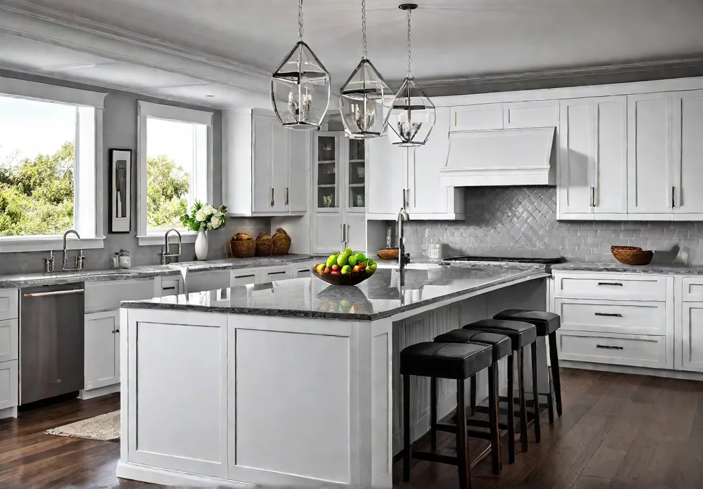 A sundrenched kitchen with a large island featuring a sleek quartz countertopfeat
