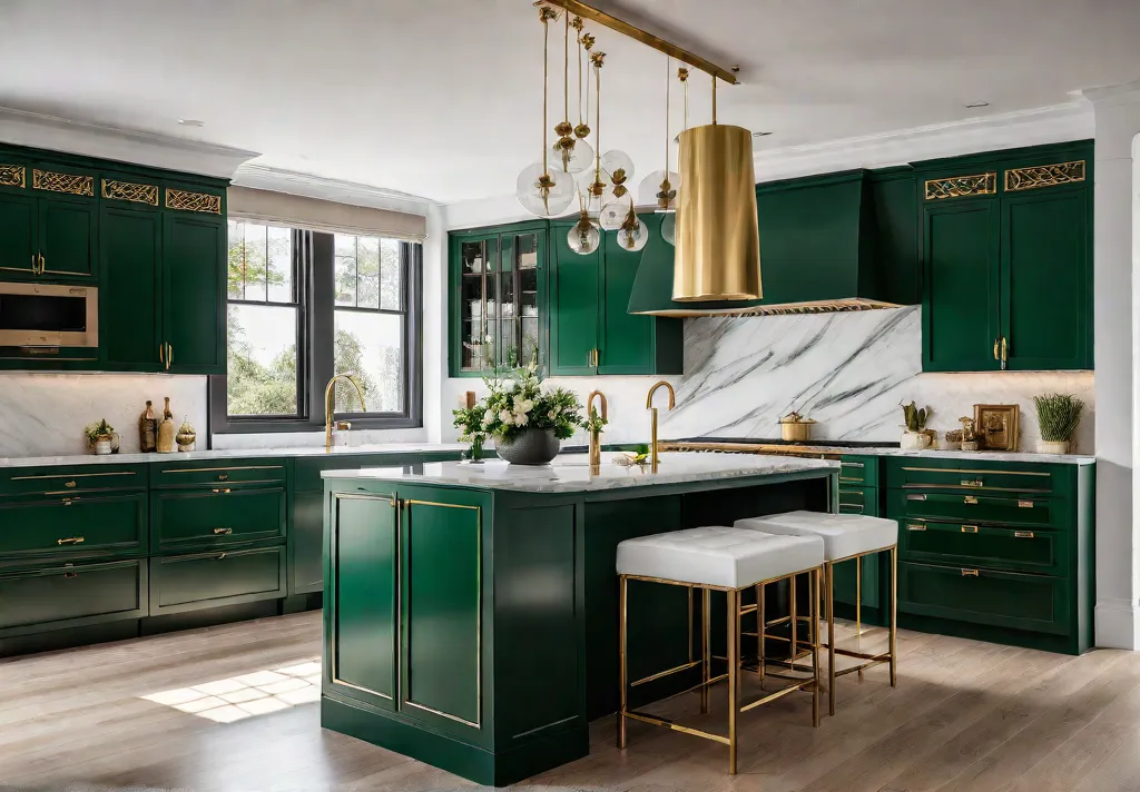 A sundrenched kitchen with emerald green cabinets white marble countertops and brassfeat