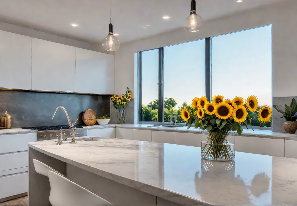 A sundrenched kitchen with white cabinets accented with brushed nickel hardware Afeat