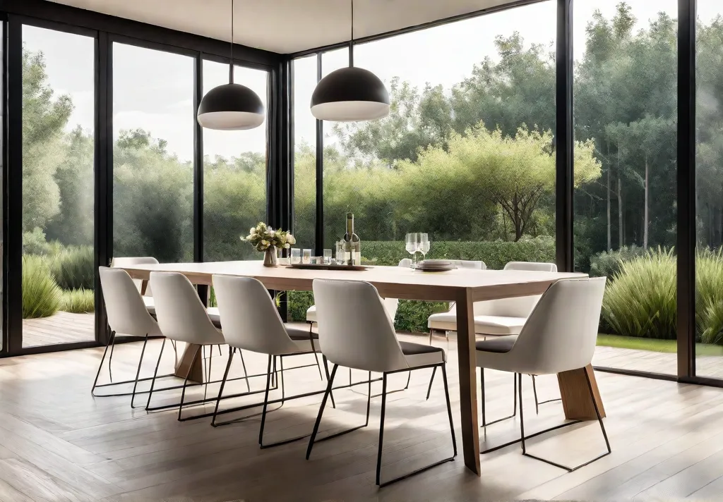A sundrenched modern dining room with floortoceiling windows showcasing a lush gardenfeat