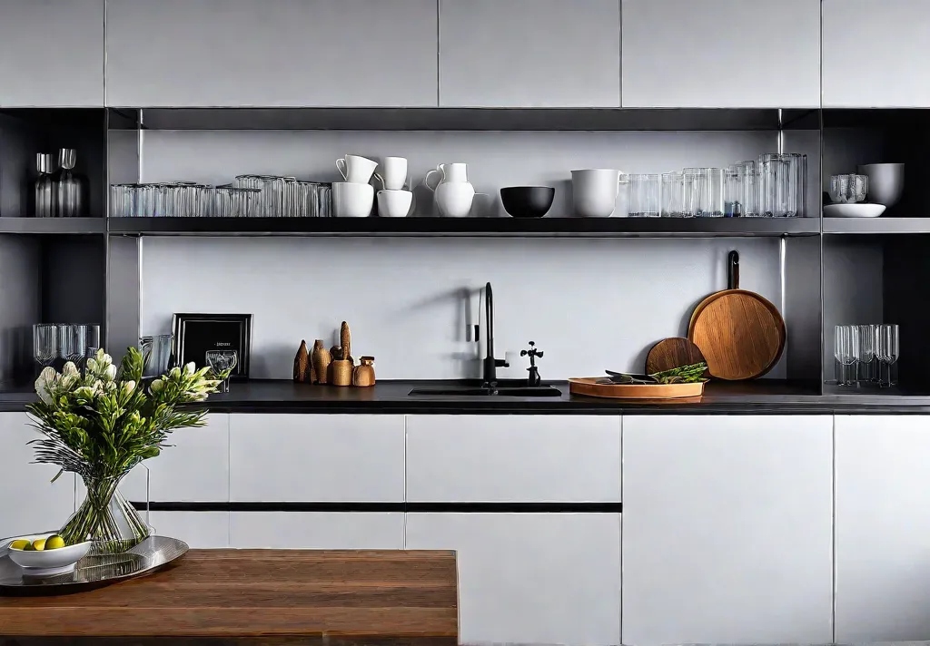 A sundrenched modern kitchen showcasing both open shelving with neatly organized glasswarefeat