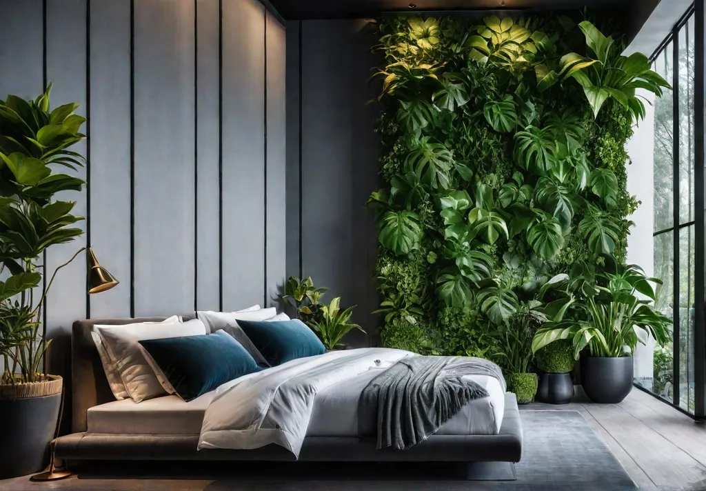 A tranquil bedroom sanctuary with lush greenery featuring a variety of plantsfeat
