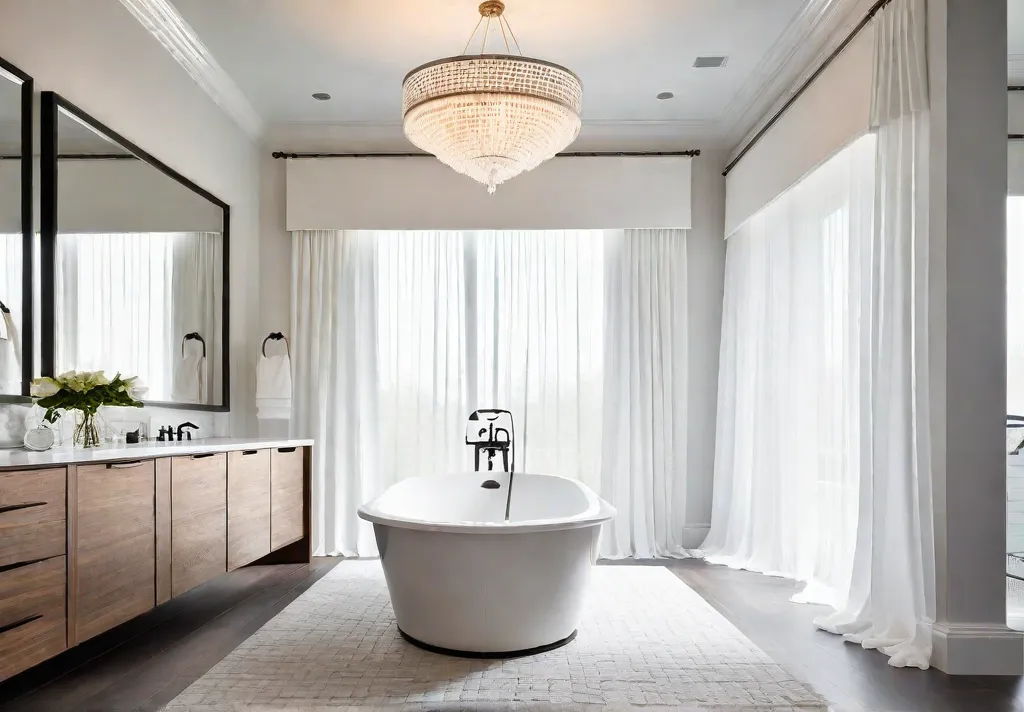 A transitional bathroom bathed in natural light with gauzy white curtains filteringfeat