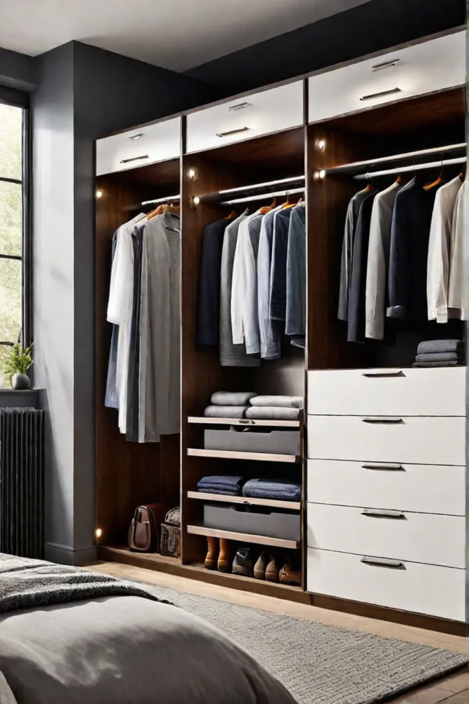 A bedroom with a wardrobe featuring pullout shelves and drawers for easy access to clothing prioritizing functionality and organization
