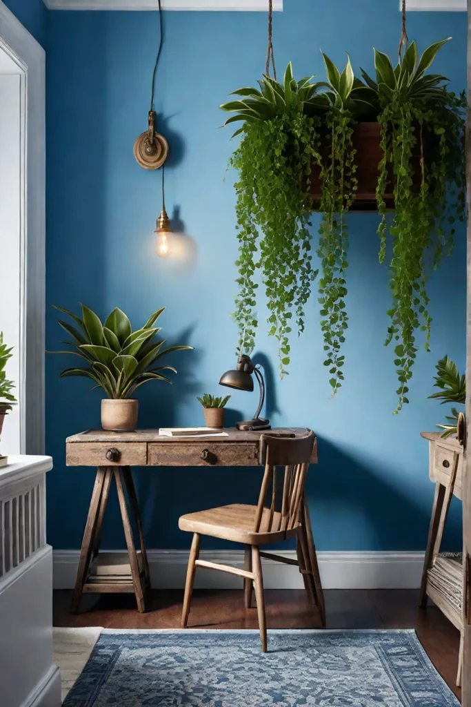 A bluethemed workspace with a repurposed vintage desk and plants