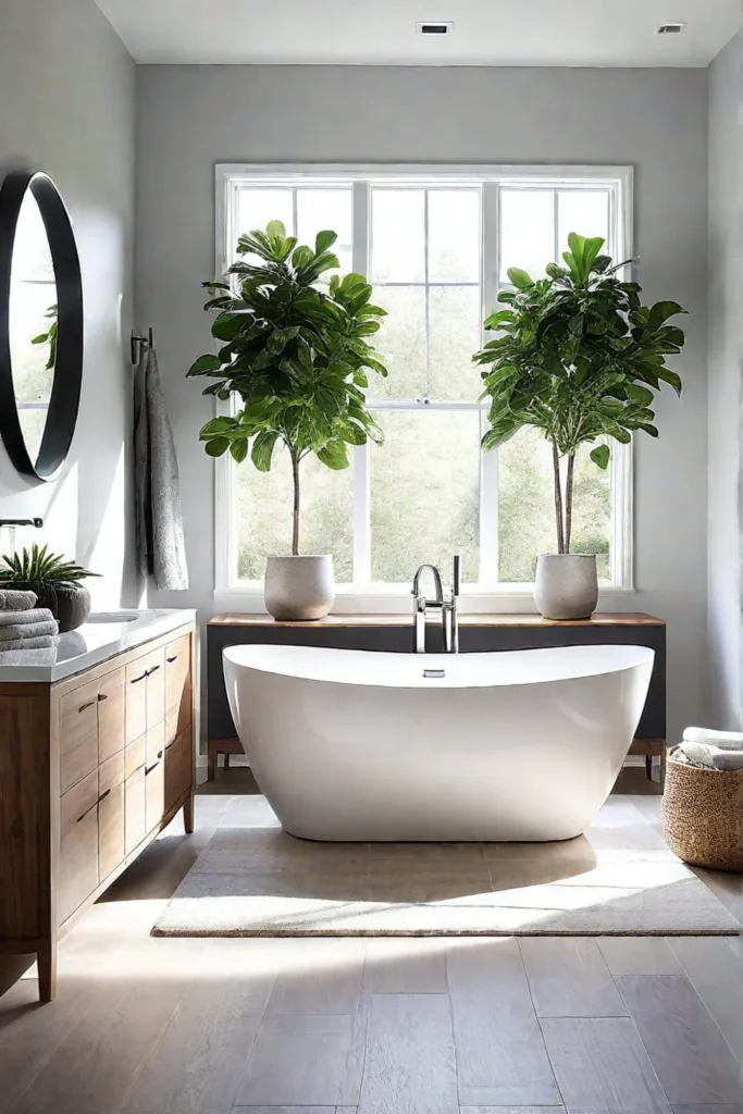 A calming bathroom with a white tub and light gray walls