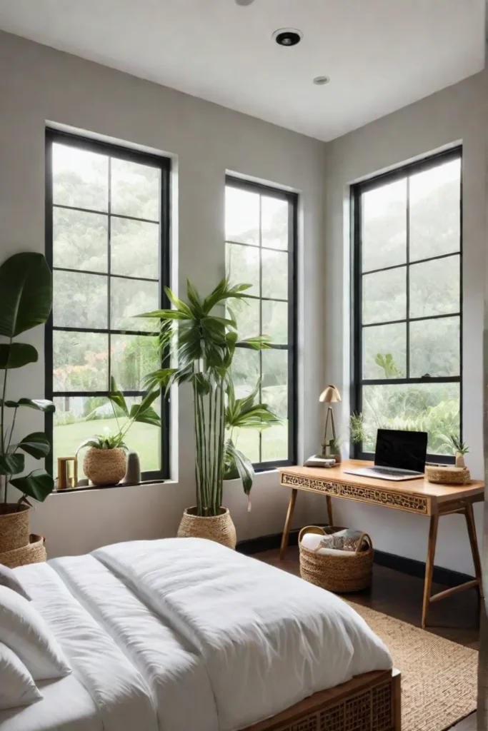 A calming workspace with a garden view and natural materials