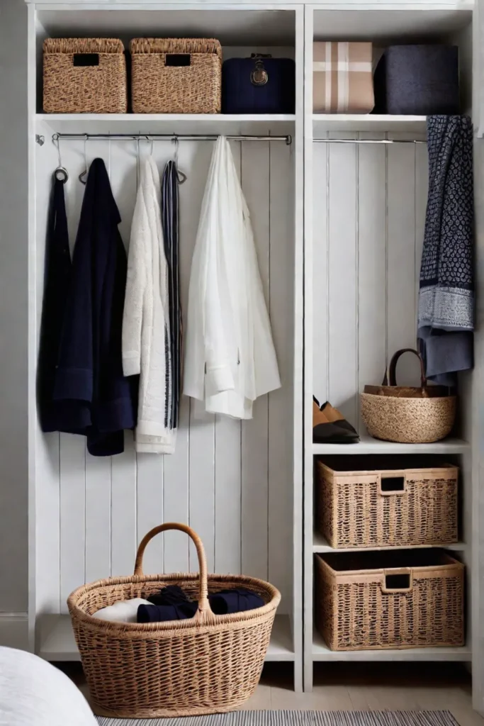 A charming bedroom with wicker baskets atop the wardrobe and hooks behind the door for accessories demonstrating creative storage hacks and space optimization