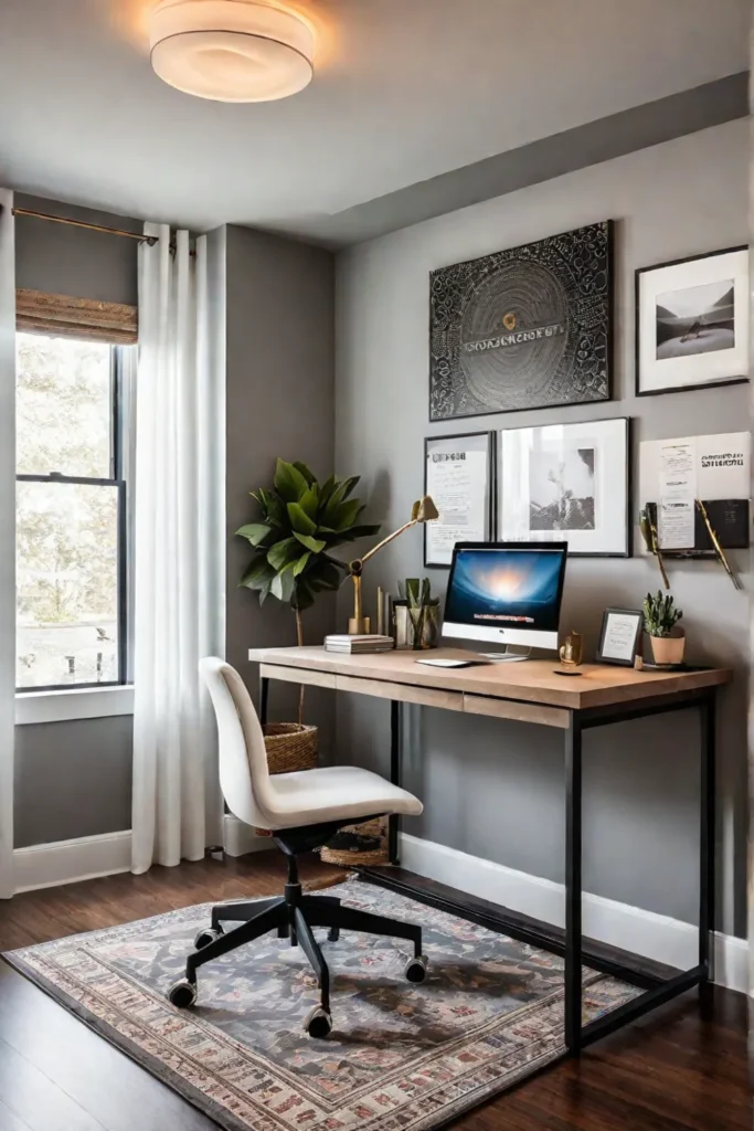 A defined workspace with an area rug and a standing desk