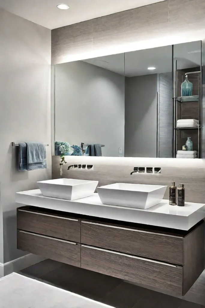 A minimalist transitional bathroom with sleek lighting and a vessel sink