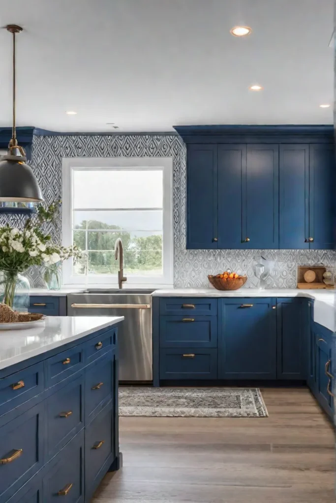 A modern kitchen with vibrant blue cabinets and a striking geometric backsplash