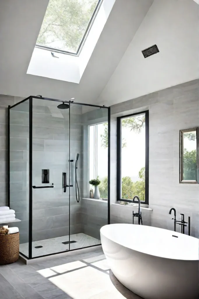 A skylight illuminates the shower area in a transitional bathroom creating a bright and open feel