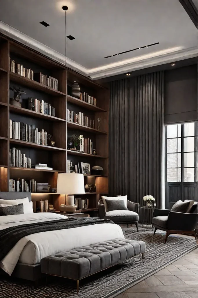 A spacious bedroom featuring tall bookshelves for books and decor promoting vertical storage and enhancing the feeling of spaciousness