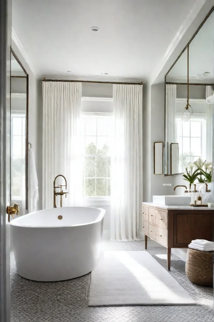 A spacious transitional bathroom with large windows and a freestanding tub decorated in calming neutral tones