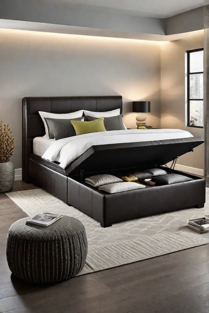 A storage ottoman at the foot of the bed in a contemporary bedroom providing seating and hidden storage emphasizing practicality and style