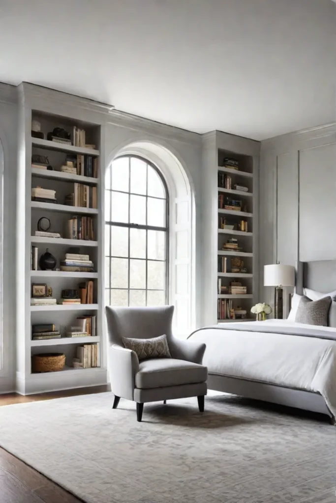 A stylish headboard with builtin storage creates a clutterfree bedroom