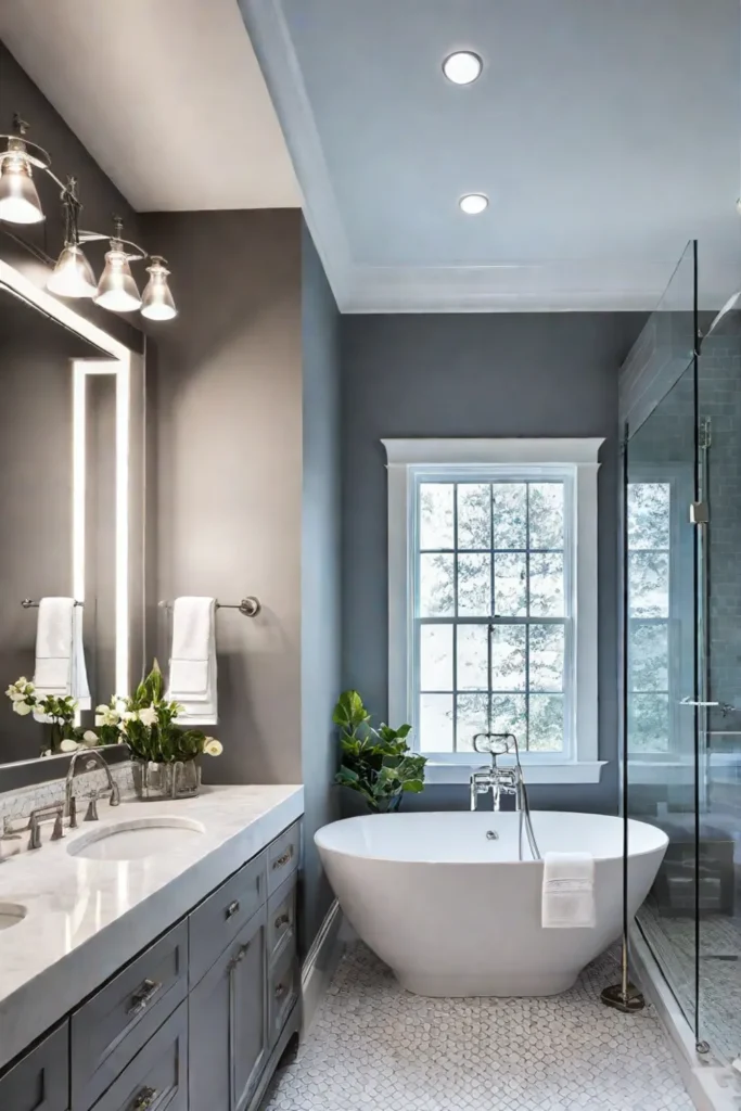 A sustainable transitional bathroom featuring energyefficient LED lighting