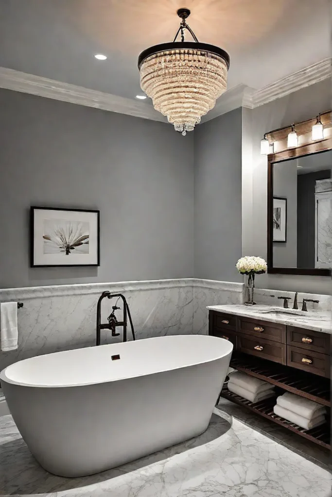 A transitional bathroom with a statement chandelier illuminating the marble countertop and shaker cabinets