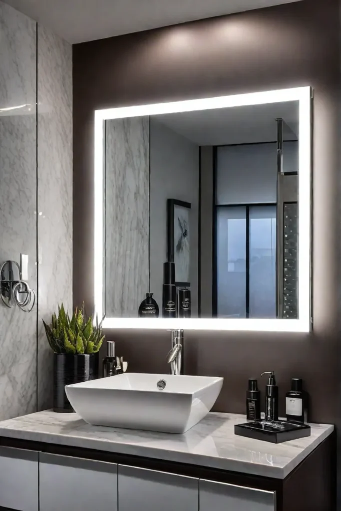 A transitional bathroom with dimmable LED lights for customizable brightness and energy efficiency