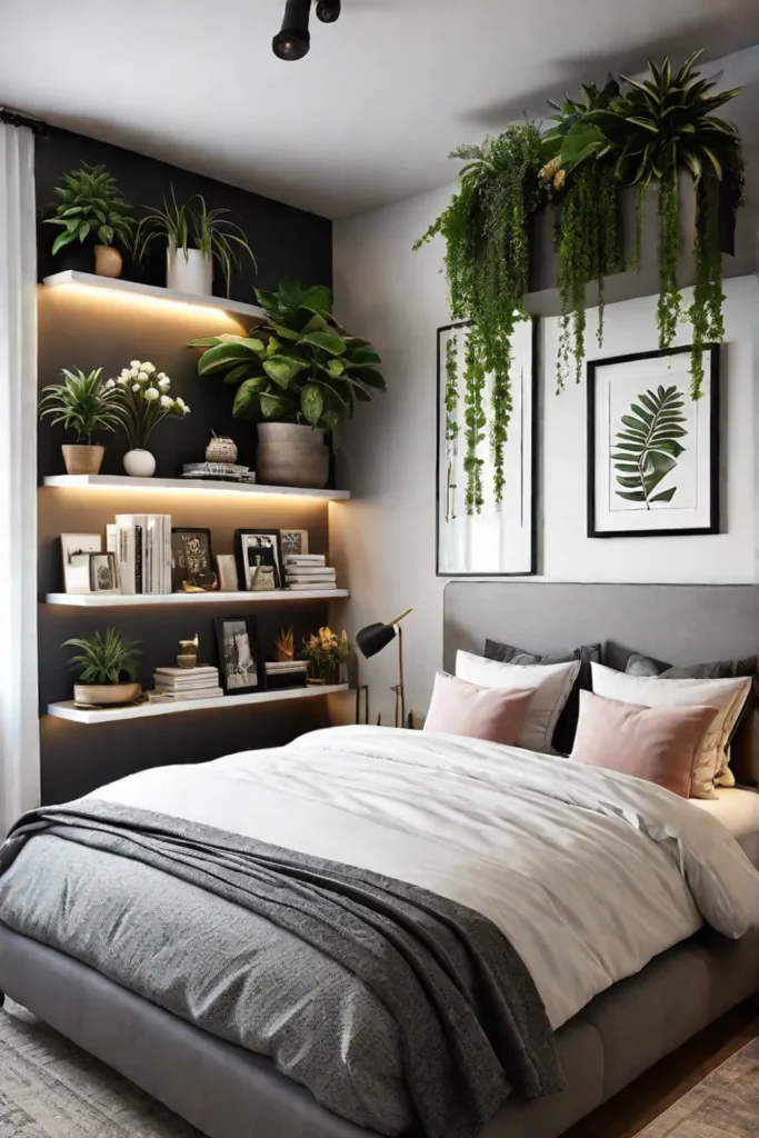 A welldecorated bedroom with floating shelves holding plants and personal items emphasizing vertical storage and a spacious feel