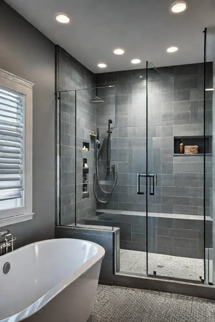 A welllit transitional bathroom with separate lighting zones for showering and bathing