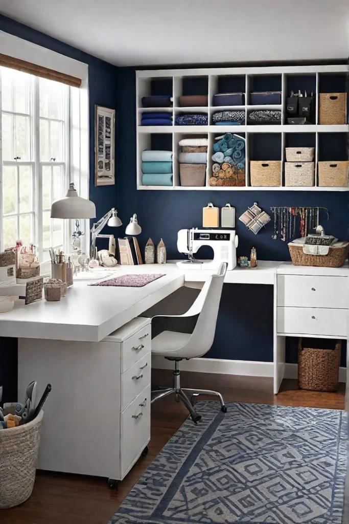 A workspace with a designated crafting area and organized supplies