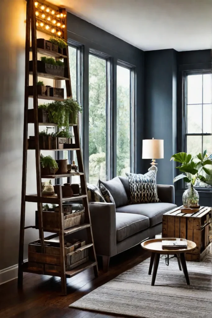 Affordable living room decor with repurposed ladder and crates
