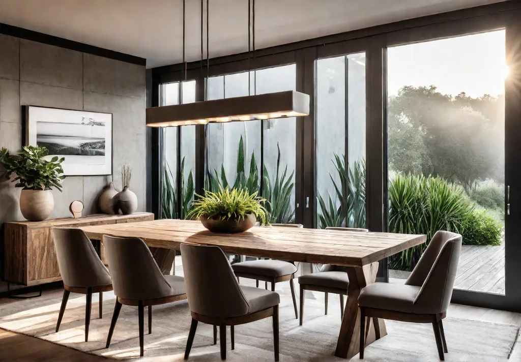 An inviting sundrenched ecochic dining room with a reclaimed wood dining tablefeat