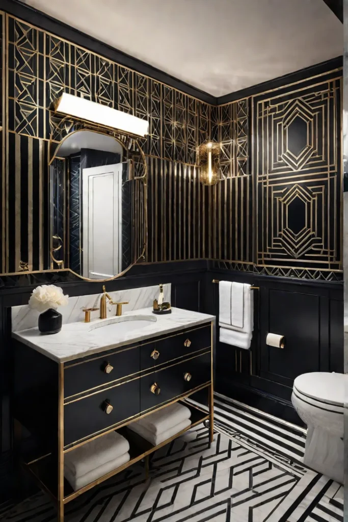 Art Deco bathroom with bold geometric patterns and metallic accents