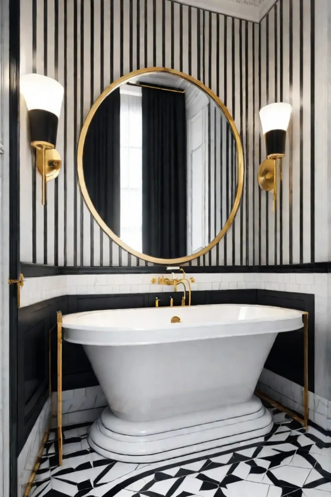 Art Deco bathroom with geometric tiles and gold accents