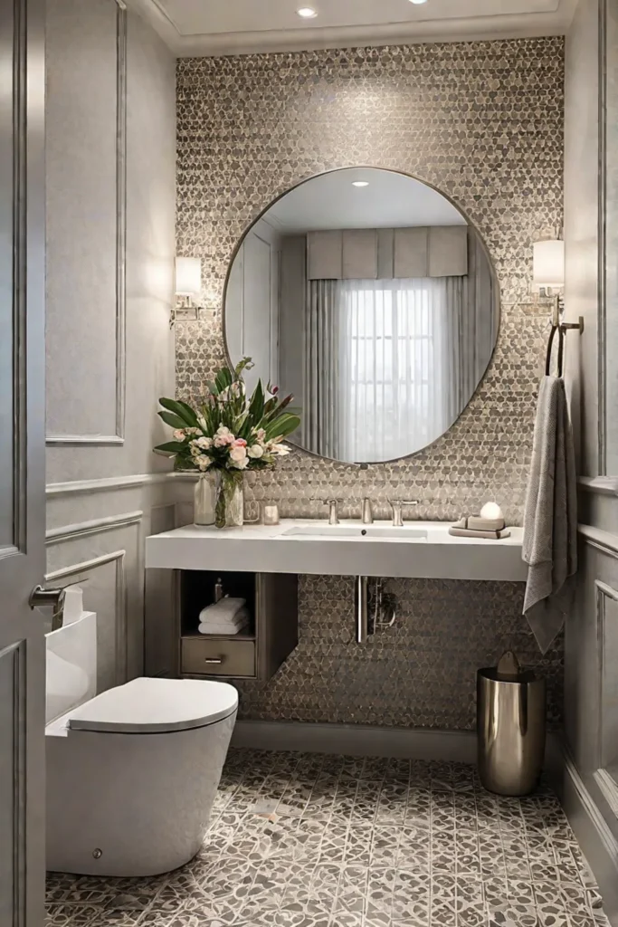 Bathroom design mixing floral patterns and geometric tiles