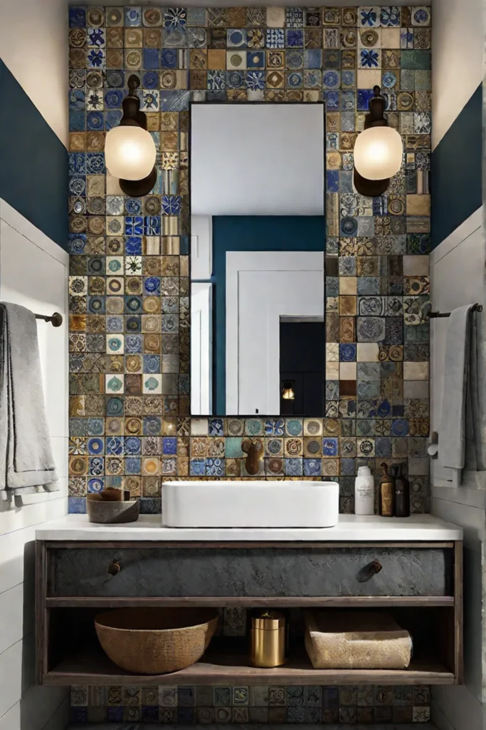 Bathroom vanity wall with a charming patchwork of reclaimed tiles