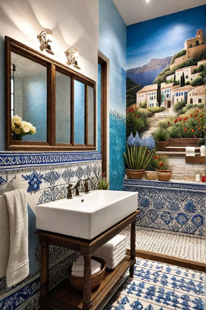 Bathroom walls with floral and landscape motifs on tiles