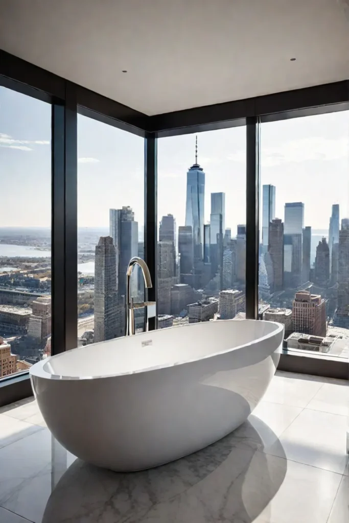Bathroom with city view and freestanding tub