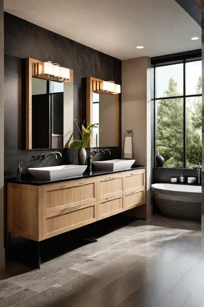 Bathroom with contrasting wood cabinets and dark granite countertops