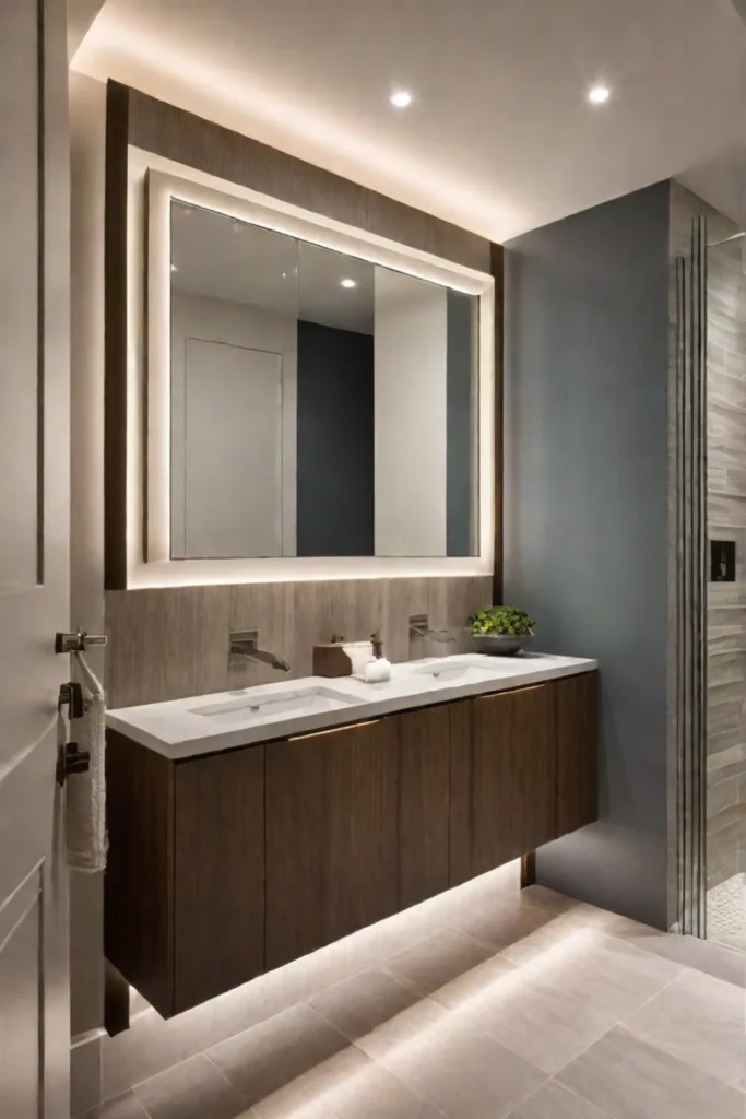 Bathroom with layered lighting using recessed lights LED strips and sconces