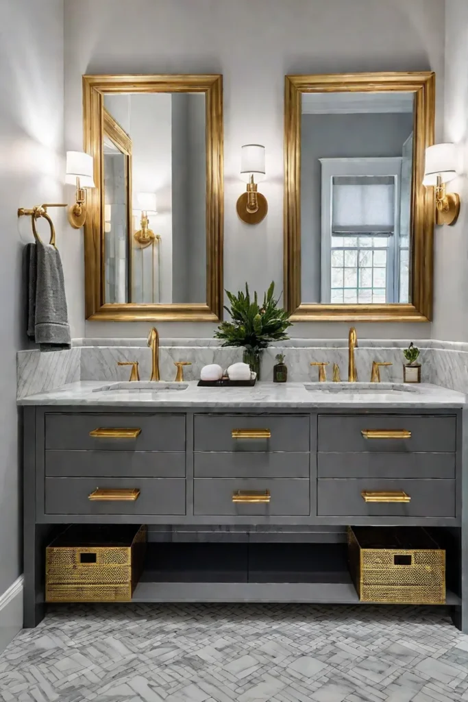 Bathroom with marble countertop gold fixtures and a patterned rug