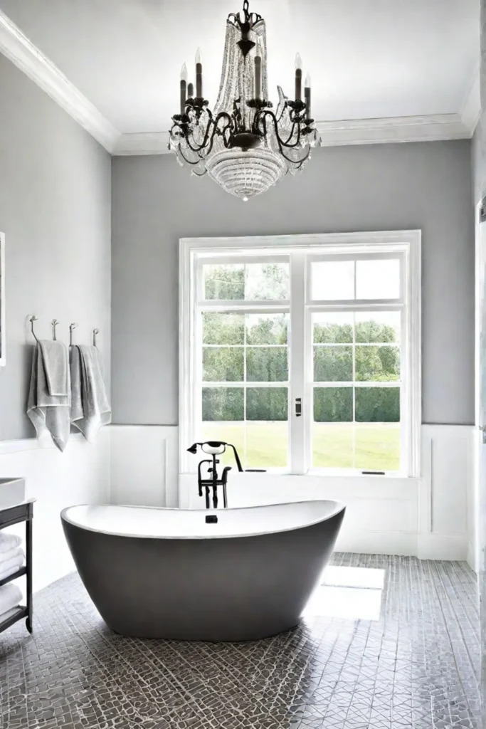 Bathroom with white walls gray tiles and mixed lighting styles