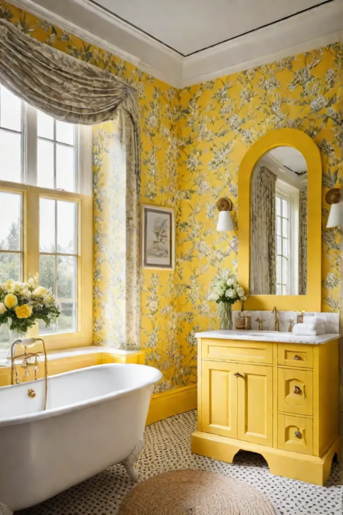 Bathroom with yellow vanity and floral wallpaper