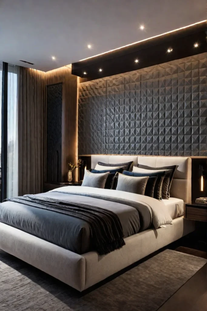Bedroom accent lighting showcasing a textured feature wall