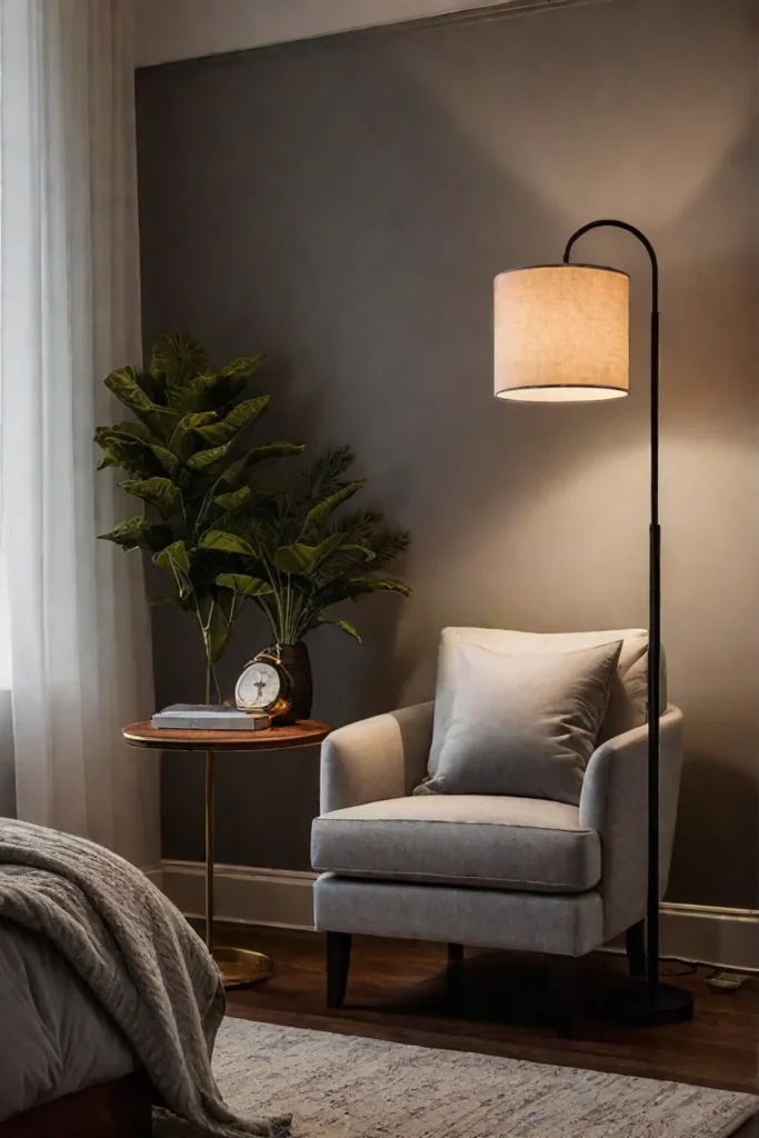 Bedroom reading corner with focused task lighting