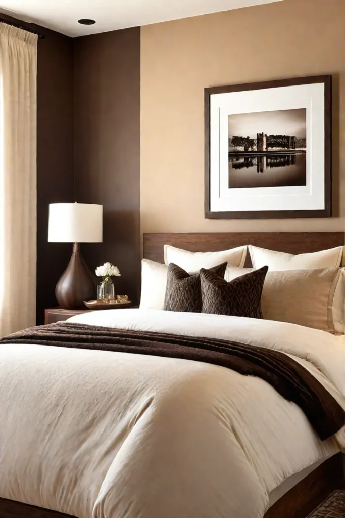 Bedroom with deep brown and beige creating a relaxing atmosphere